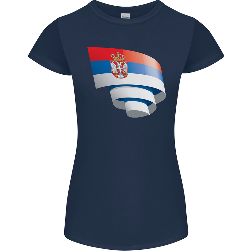 Curled Serbia Flag Serbia Day Football Womens Petite Cut T-Shirt Navy Blue