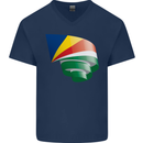 Curled Seychelles Flag Seychellois Day Football Mens V-Neck Cotton T-Shirt Navy Blue