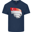 Curled Singapore Flag Singaporean Day Football Mens V-Neck Cotton T-Shirt Navy Blue