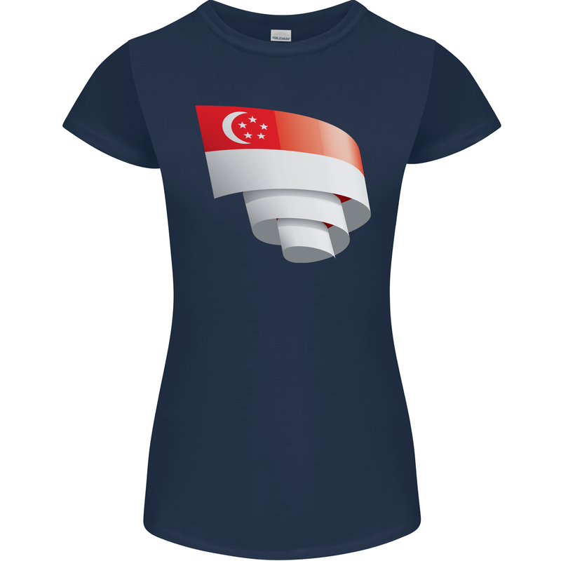 Curled Singapore Flag Singaporean Day Football Womens Petite Cut T-Shirt Navy Blue