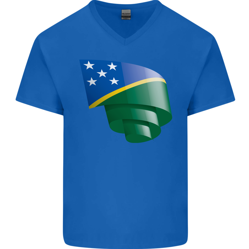 Curled Solomon Islands Flag Day Football Mens V-Neck Cotton T-Shirt Royal Blue