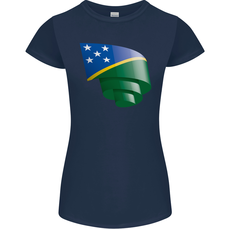 Curled Solomon Islands Flag Day Football Womens Petite Cut T-Shirt Navy Blue