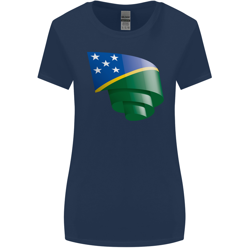 Curled Solomon Islands Flag Day Football Womens Wider Cut T-Shirt Navy Blue