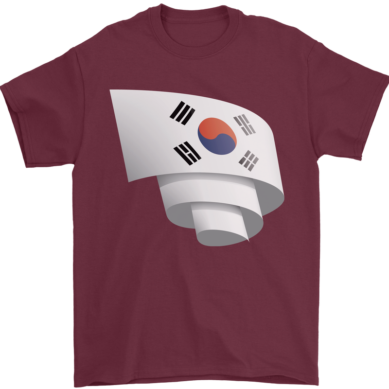 Curled South Korea Flag Korean Day Football Mens T-Shirt 100% Cotton Maroon