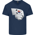 Curled South Korea Flag Korean Day Football Mens V-Neck Cotton T-Shirt Navy Blue