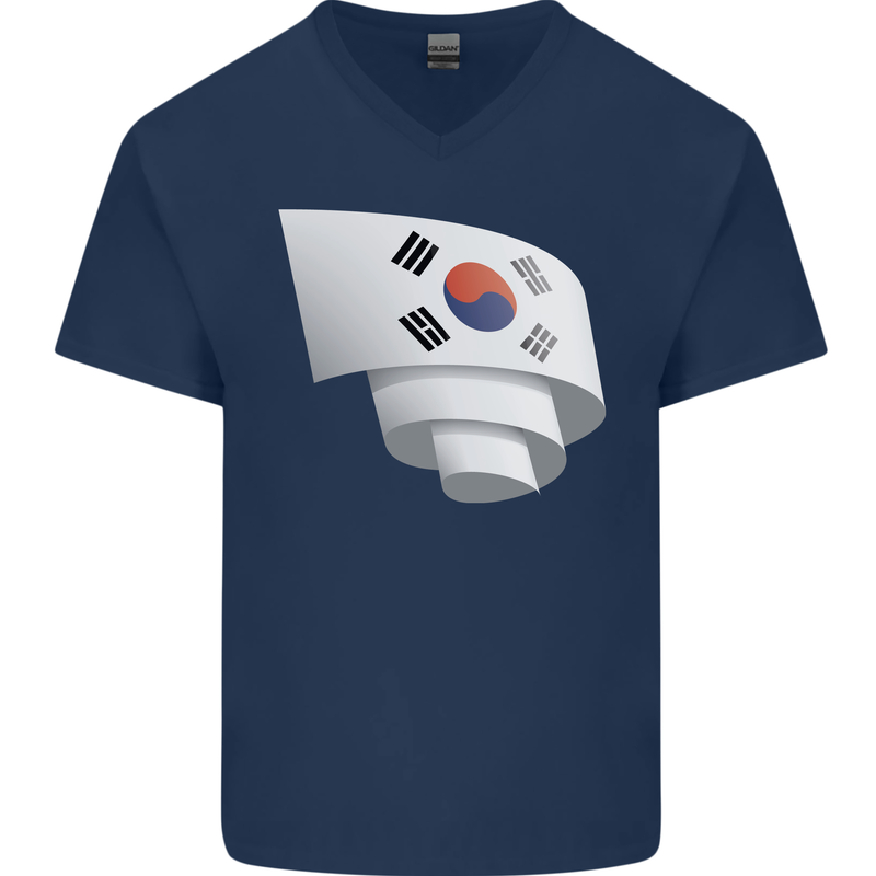 Curled South Korea Flag Korean Day Football Mens V-Neck Cotton T-Shirt Navy Blue