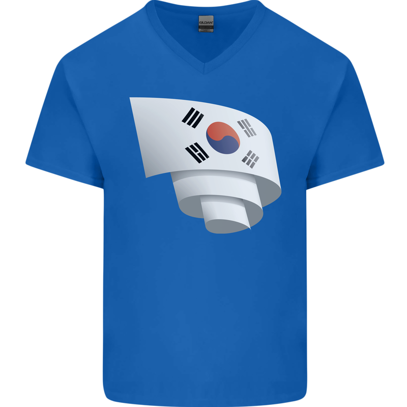 Curled South Korea Flag Korean Day Football Mens V-Neck Cotton T-Shirt Royal Blue