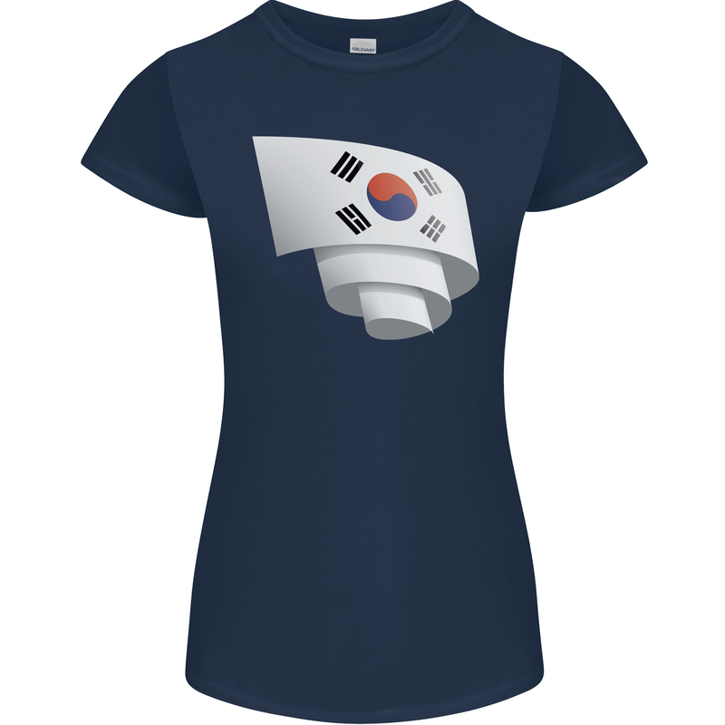 Curled South Korea Flag Korean Day Football Womens Petite Cut T-Shirt Navy Blue