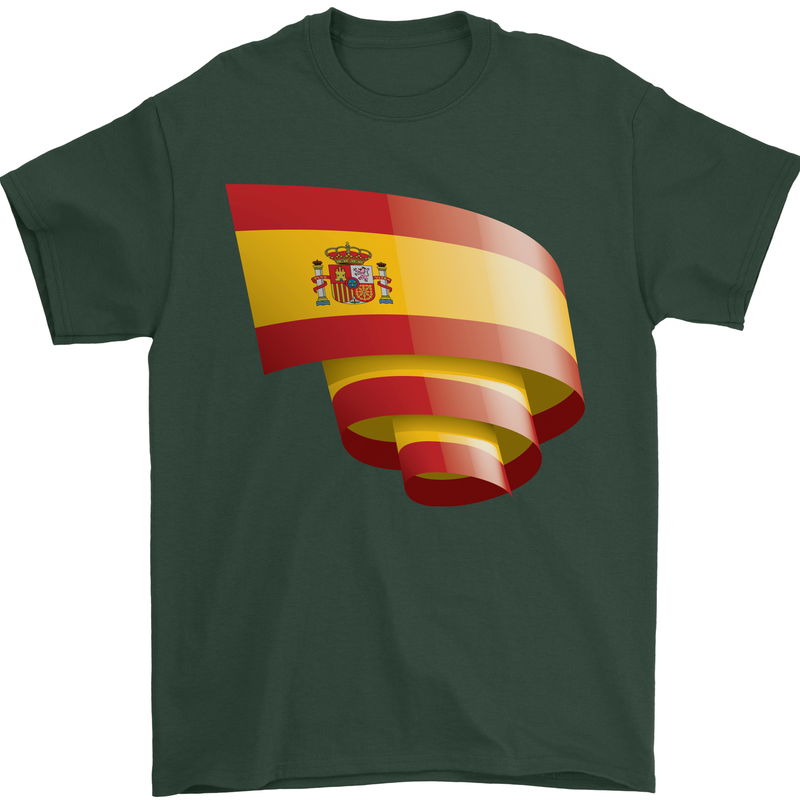 Curled Spain Flag Spanish Day Football Mens T-Shirt 100% Cotton Forest Green