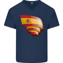 Curled Spain Flag Spanish Day Football Mens V-Neck Cotton T-Shirt Navy Blue