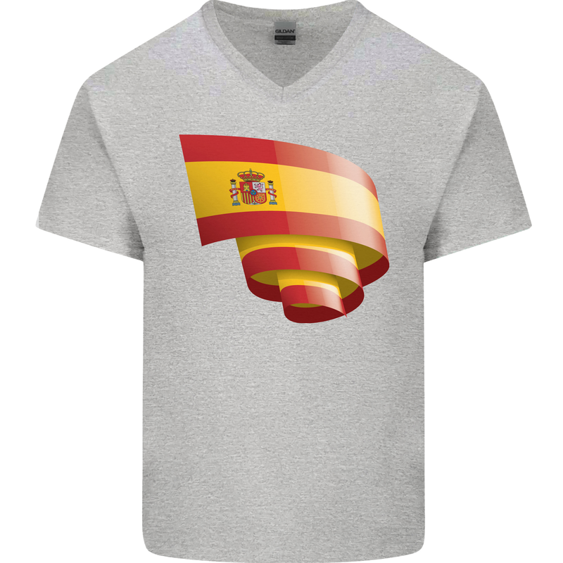 Curled Spain Flag Spanish Day Football Mens V-Neck Cotton T-Shirt Sports Grey