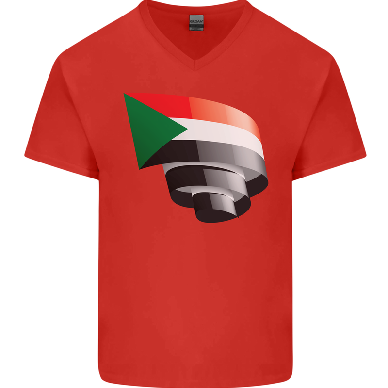 Curled Sudan Flag Sudanese Day Football Mens V-Neck Cotton T-Shirt Red