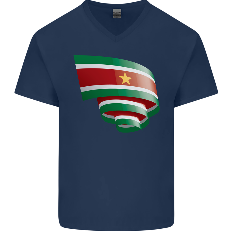 Curled Suriname Flag Suriname Day Football Mens V-Neck Cotton T-Shirt Navy Blue