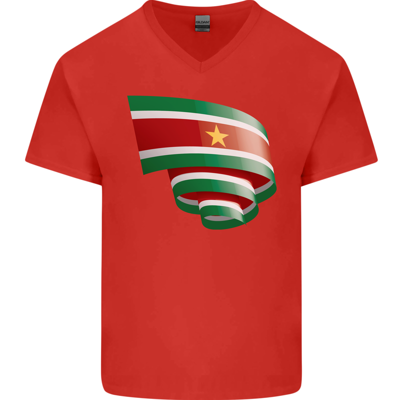 Curled Suriname Flag Suriname Day Football Mens V-Neck Cotton T-Shirt Red