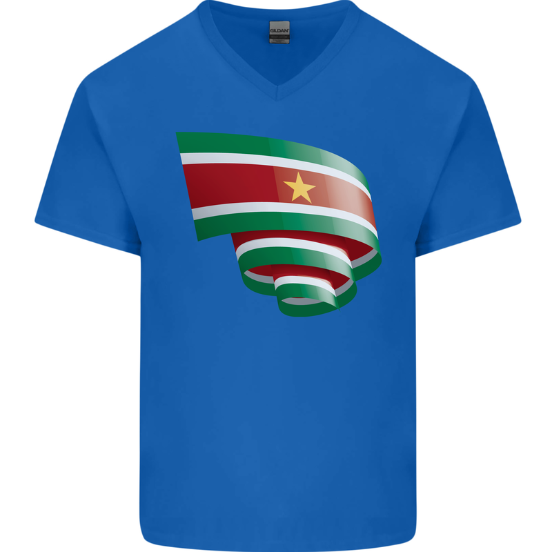 Curled Suriname Flag Suriname Day Football Mens V-Neck Cotton T-Shirt Royal Blue