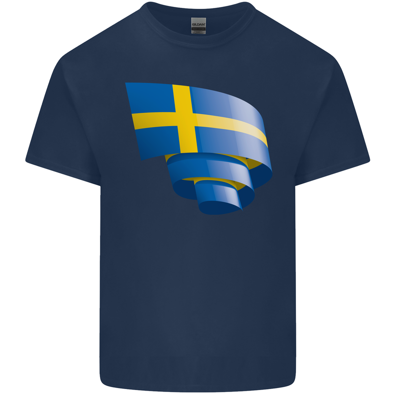 Curled Swedish Flag Sweden Day Football Mens Cotton T-Shirt Tee Top Navy Blue