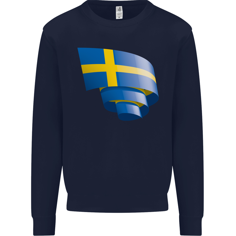Curled Swedish Flag Sweden Day Football Mens Sweatshirt Jumper Navy Blue