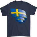 Curled Swedish Flag Sweden Day Football Mens T-Shirt 100% Cotton Navy Blue
