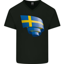 Curled Swedish Flag Sweden Day Football Mens V-Neck Cotton T-Shirt Black