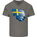 Curled Swedish Flag Sweden Day Football Mens V-Neck Cotton T-Shirt Charcoal