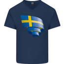 Curled Swedish Flag Sweden Day Football Mens V-Neck Cotton T-Shirt Navy Blue