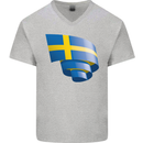 Curled Swedish Flag Sweden Day Football Mens V-Neck Cotton T-Shirt Sports Grey