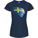 Curled Swedish Flag Sweden Day Football Womens Petite Cut T-Shirt Navy Blue