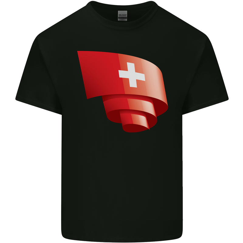 Curled Switzerland Flag Swiss Day Football Kids T-Shirt Childrens Black