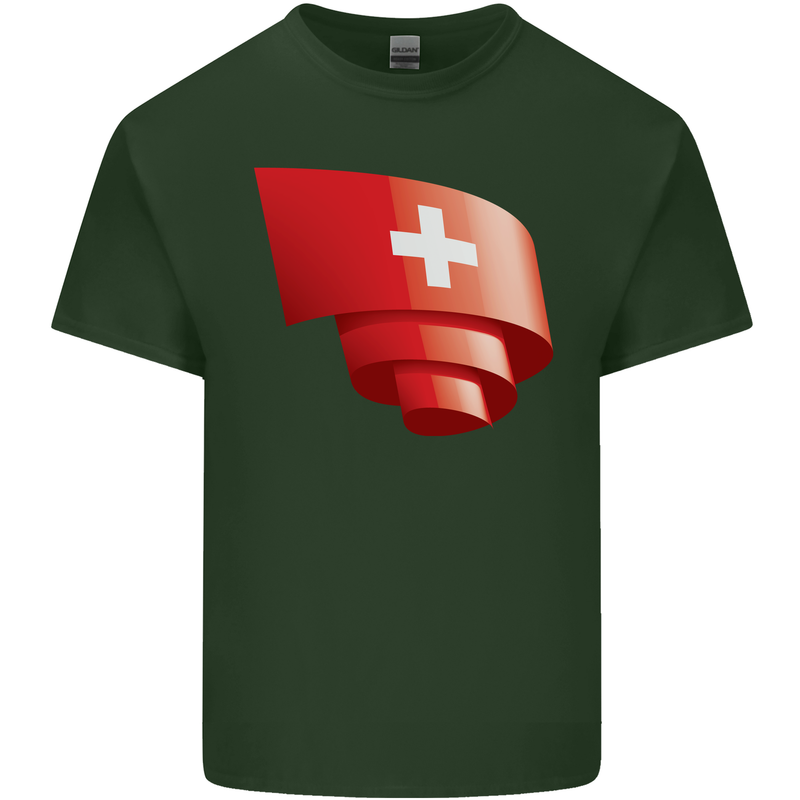 Curled Switzerland Flag Swiss Day Football Mens Cotton T-Shirt Tee Top Forest Green