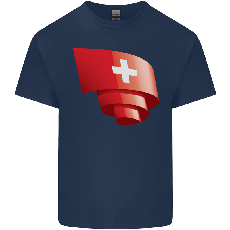Curled Switzerland Flag Swiss Day Football Mens Cotton T-Shirt Tee Top Navy Blue