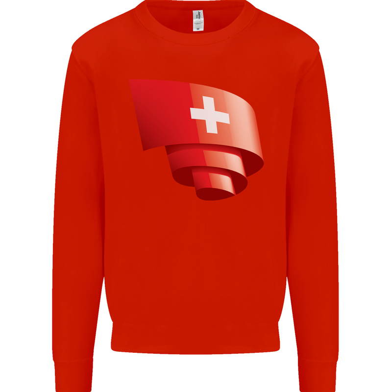 Curled Switzerland Flag Swiss Day Football Mens Sweatshirt Jumper Bright Red