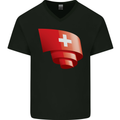 Curled Switzerland Flag Swiss Day Football Mens V-Neck Cotton T-Shirt Black