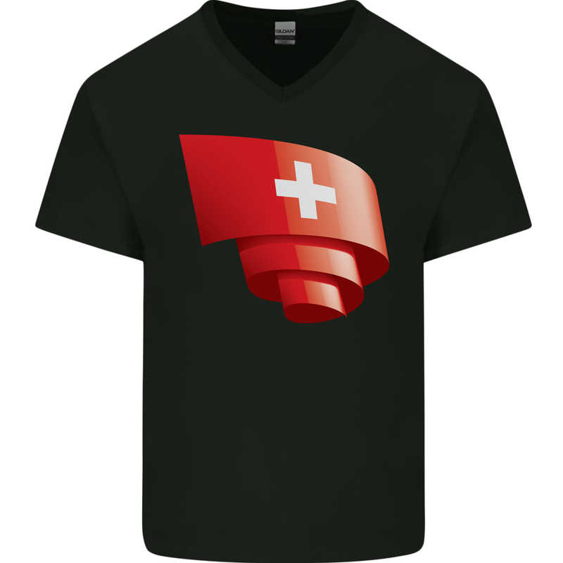 Curled Switzerland Flag Swiss Day Football Mens V-Neck Cotton T-Shirt Black