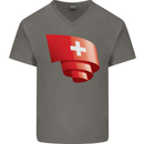 Curled Switzerland Flag Swiss Day Football Mens V-Neck Cotton T-Shirt Charcoal