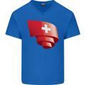 Curled Switzerland Flag Swiss Day Football Mens V-Neck Cotton T-Shirt Royal Blue