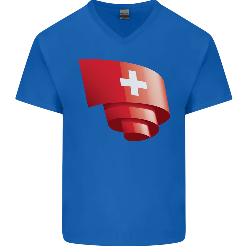 Curled Switzerland Flag Swiss Day Football Mens V-Neck Cotton T-Shirt Royal Blue
