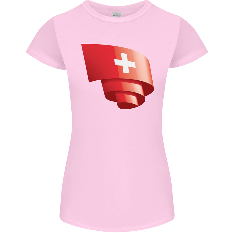 Curled Switzerland Flag Swiss Day Football Womens Petite Cut T-Shirt Light Pink