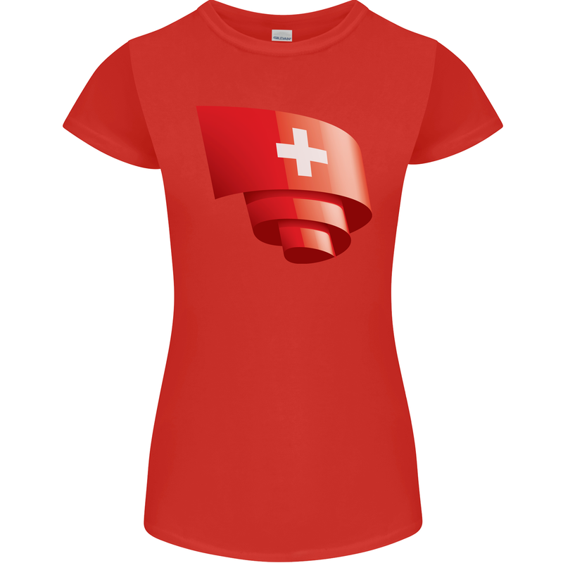 Curled Switzerland Flag Swiss Day Football Womens Petite Cut T-Shirt Red