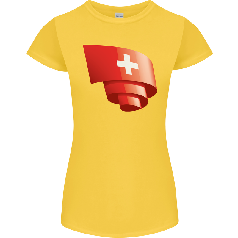 Curled Switzerland Flag Swiss Day Football Womens Petite Cut T-Shirt Yellow