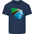 Curled Tanzania Flag Tanzanian Day Football Mens V-Neck Cotton T-Shirt Navy Blue