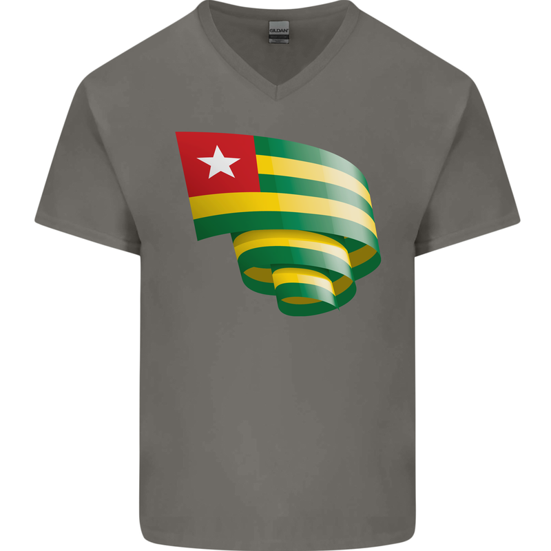 Curled Togo Flag Togolese Day Football Mens V-Neck Cotton T-Shirt Charcoal