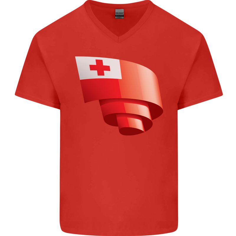 Curled Tongo Flag Tongan Day Football Mens V-Neck Cotton T-Shirt Red