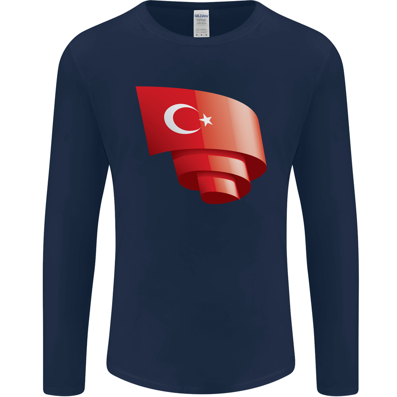 Curled Turkey Flag Turkish Day Football Mens Long Sleeve T-Shirt Navy Blue