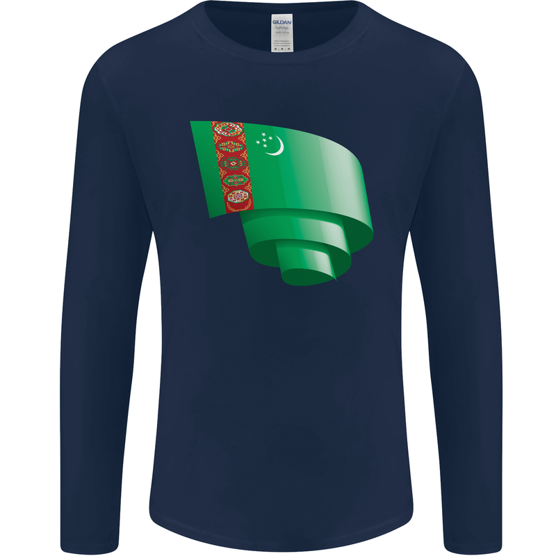 Curled Turkmenistan Flag The Turkmen Day Football Mens Long Sleeve T-Shirt Navy Blue