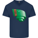 Curled Turkmenistan Flag The Turkmen Day Football Mens V-Neck Cotton T-Shirt Navy Blue
