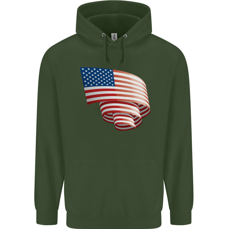 Curled USA Flag Independence Day Football Mens 80% Cotton Hoodie Forest Green