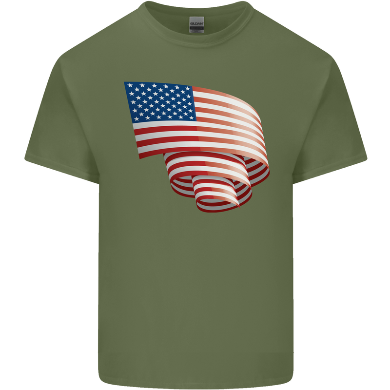 Curled USA Flag Independence Day Football Mens Cotton T-Shirt Tee Top Military Green