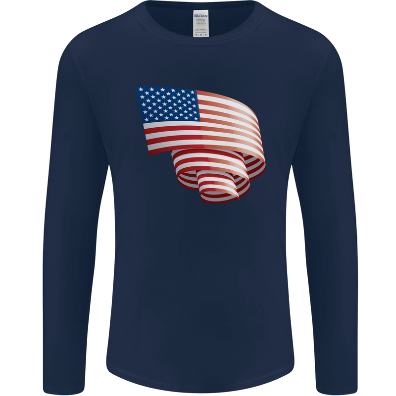 Curled USA Flag Independence Day Football Mens Long Sleeve T-Shirt Navy Blue