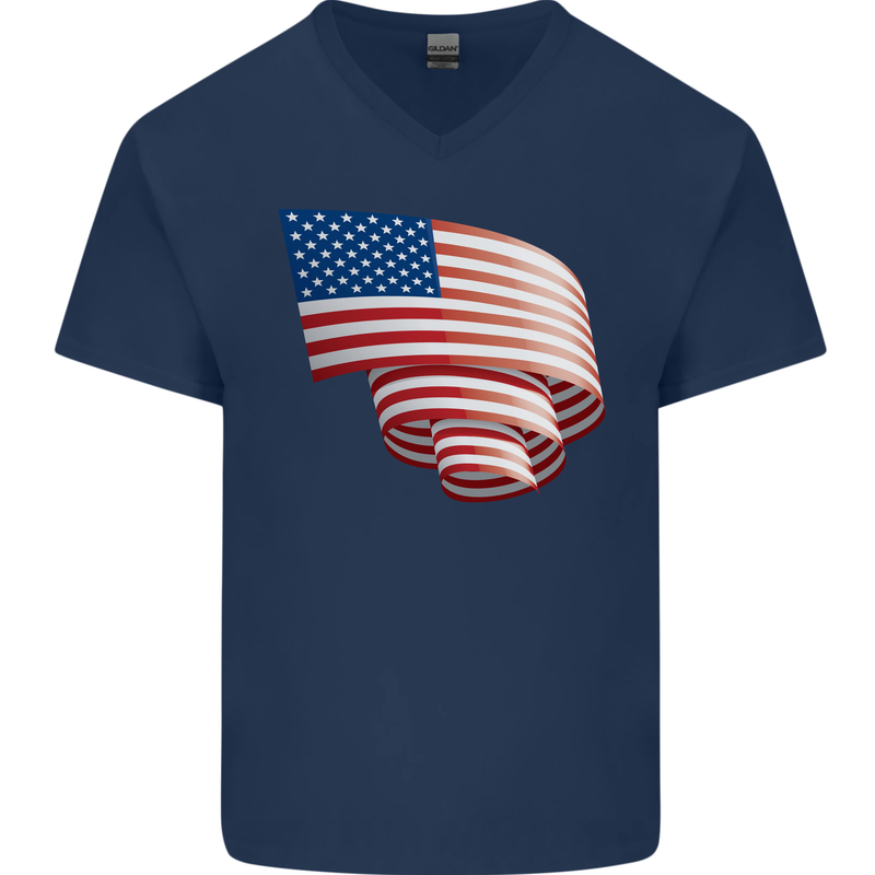 Curled USA Flag Independence Day Football Mens V-Neck Cotton T-Shirt Navy Blue