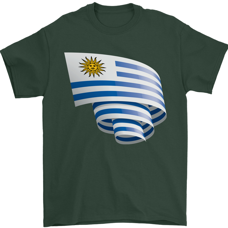 Curled Uruguay Flag Uruguayan Day Football Mens T-Shirt 100% Cotton Forest Green